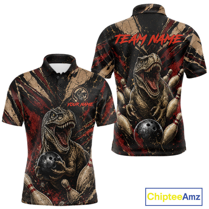 Funny dinosaur retro men's bowling polo, custom bowling shirt, vintage bowling team uniform