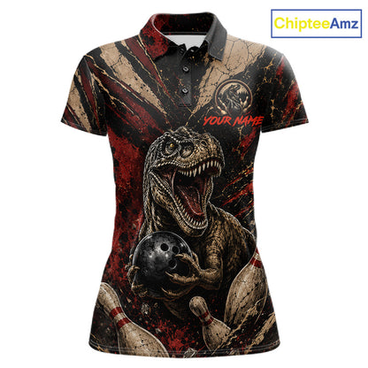 Funny dinosaur retro women's bowling polo, red grunge bowling shirt, personalized bowling team jersey, custom league apparel