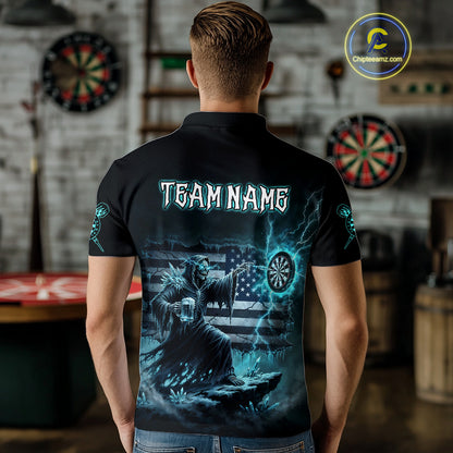 Custom Lightning Turquoise Grim Reaper Beer Funny Men Darts Polo Shirt US Flag Dart Jerseys NYN1836