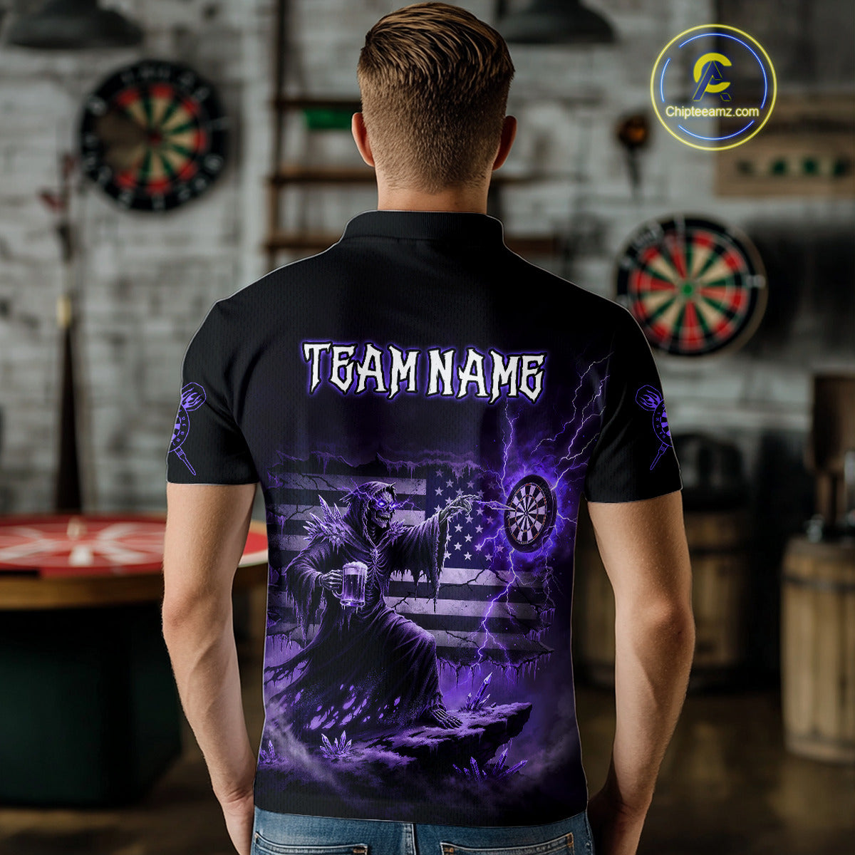 Custom Lightning Purple Grim Reaper Beer Funny Men Darts Polo Shirt US Flag Dart Jerseys NYN1837