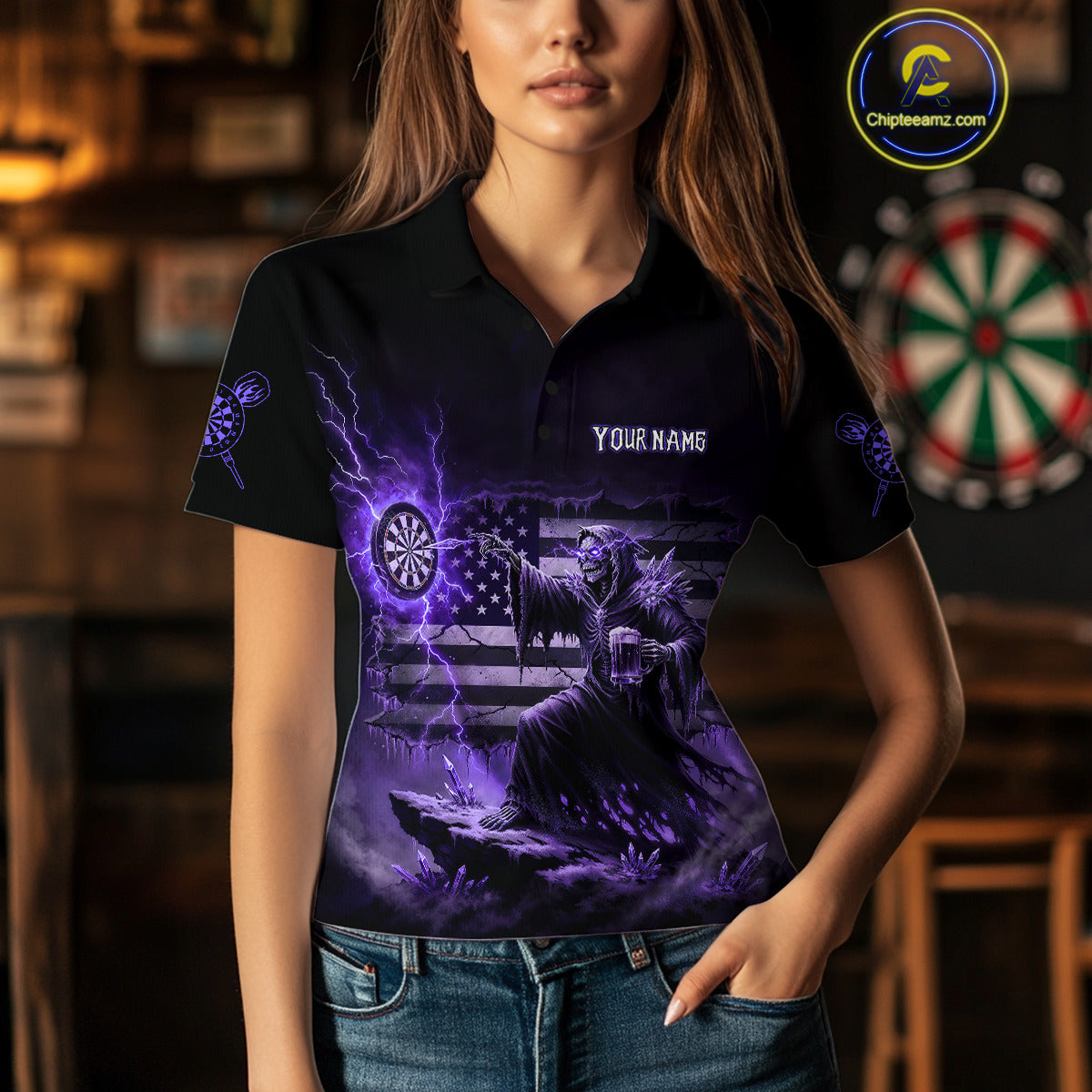 Custom Lightning Purple Grim Reaper Beer Funny Women Darts Polo Shirt US Flag Dart Jerseys NYN1837