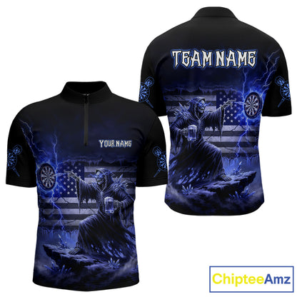 Custom Lightning Blue Grim Reaper Beer Funny Men Darts Quarter-Zip Shirt US Flag Dart Jerseys NYN1838