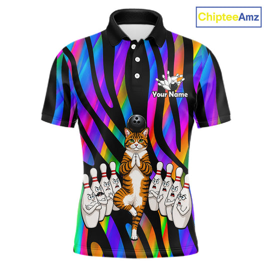 Rainbow Holographic Bowling Polo 1/4-Zip Shirts For Men Custom Funny Cat Bowling Pins Team Shirt NYN3930