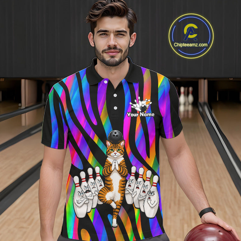 Rainbow Holographic Bowling Polo 1/4-Zip Shirts For Men Custom Funny Cat Bowling Pins Team Shirt NYN3930