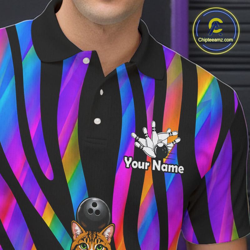 Rainbow Holographic Bowling Polo 1/4-Zip Shirts For Men Custom Funny Cat Bowling Pins Team Shirt NYN3930