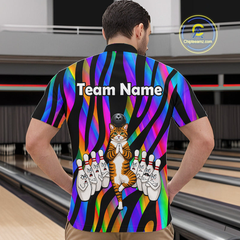 Rainbow Holographic Bowling Polo 1/4-Zip Shirts For Men Custom Funny Cat Bowling Pins Team Shirt NYN3930