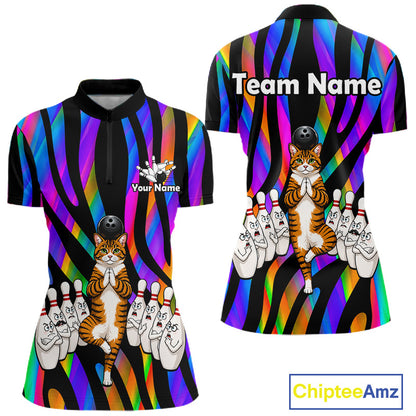 Rainbow Holographic Bowling Polo 1/4-Zip Shirts For Women Custom Funny Cat Bowling Pins Team Shirt NYN3930