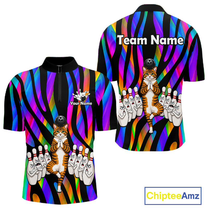 Rainbow Holographic Bowling Polo 1/4-Zip Shirts For Men Custom Funny Cat Bowling Pins Team Shirt NYN3930