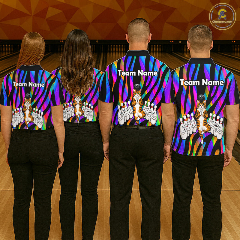 Rainbow Holographic Bowling Polo 1/4-Zip Shirts For Men Custom Funny Cat Bowling Pins Team Shirt NYN3930