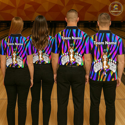 Rainbow Holographic Bowling Polo 1/4-Zip Shirts For Men Custom Funny Cat Bowling Pins Team Shirt NYN3930