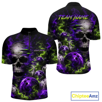 Custom Green & Purple Smoke Skull Bowling Shirts For Men Retro Skull Bowling Tournament Shirt NYN3945