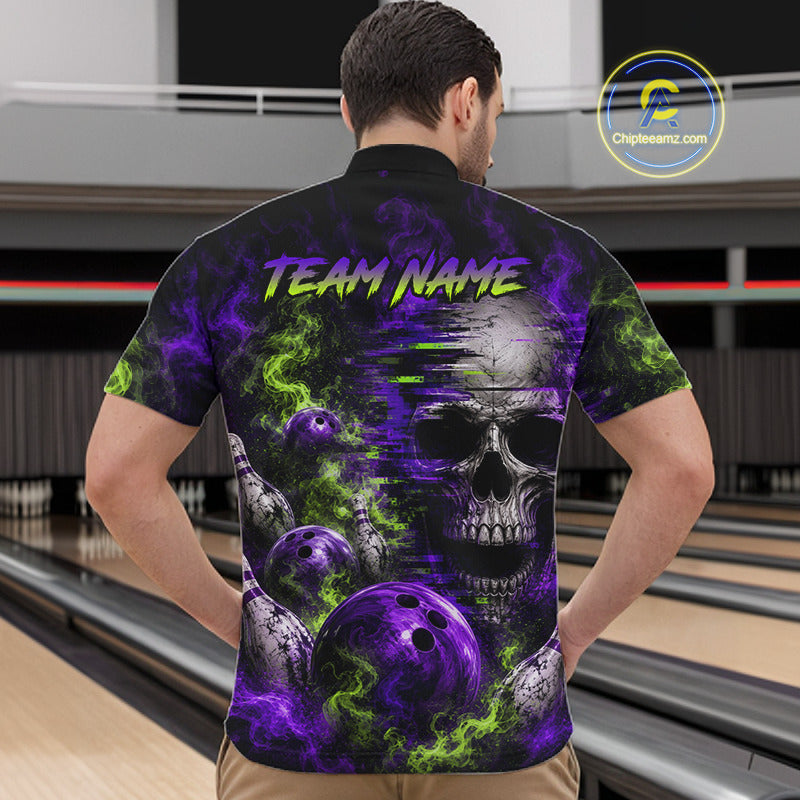 Custom Green & Purple Smoke Skull Bowling Shirts For Men Retro Skull Bowling Tournament Shirt NYN3945