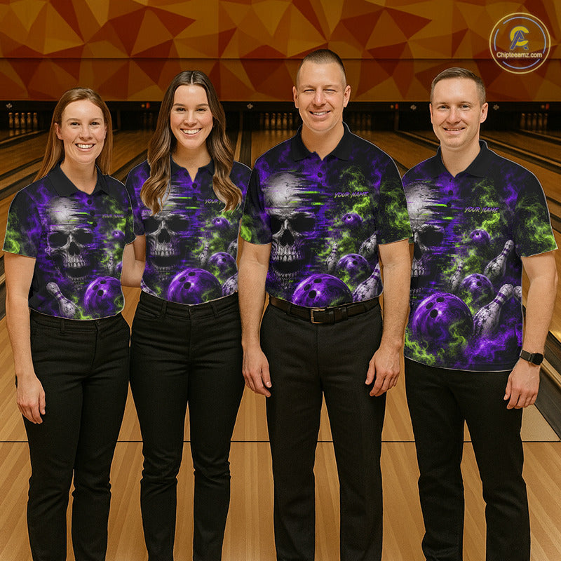 Custom Green & Purple Smoke Skull Bowling Shirts For Men Retro Skull Bowling Tournament Shirt NYN3945