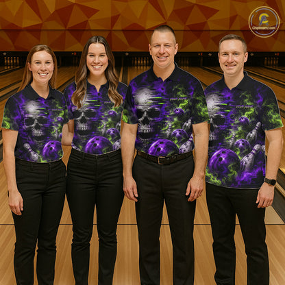 Custom Green & Purple Smoke Skull Bowling Shirts For Men Retro Skull Bowling Tournament Shirt NYN3945