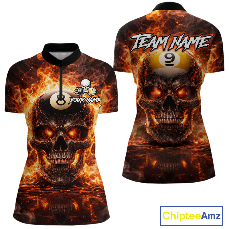 Fire Flame Skull Pool 8 Ball & 9 Ball Billiard Shirt For Women Custom Billiard Team Attire|Red NYN2628