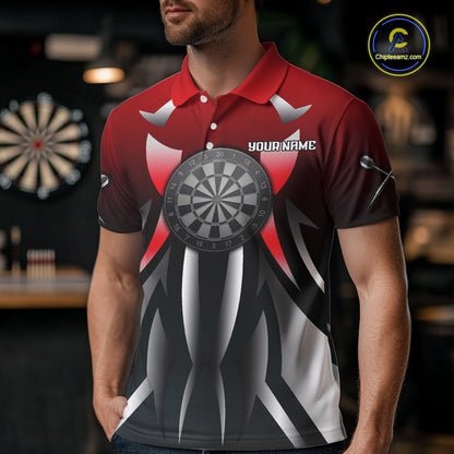 Red And Gradient Silver Darts Polo & 1/4-Zip Shirt For Men Custom Name Dart Jersey For Darters NYN3003