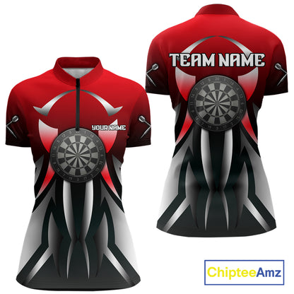 Red And Gradient Silver Darts Polo & 1/4-Zip Shirt For Women Custom Name Dart Jersey For Darters NYN3003
