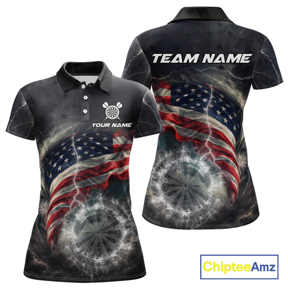 Custom American Flag Tornado White Thunder Darts Women Polo & 1/4-Zip Shirts Dart Team Jerseys NYN2807