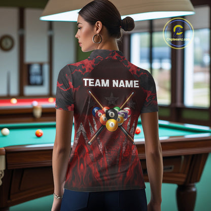 Personalized Gunge 8 Ball Pool Billiard Polo & 1/4 Zip For Women Custom Red Camoflage Billiard Attire NYN3017