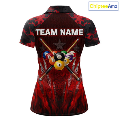 Personalized Gunge 8 Ball Pool Billiard Polo & 1/4 Zip For Women Custom Red Camoflage Billiard Attire NYN3017