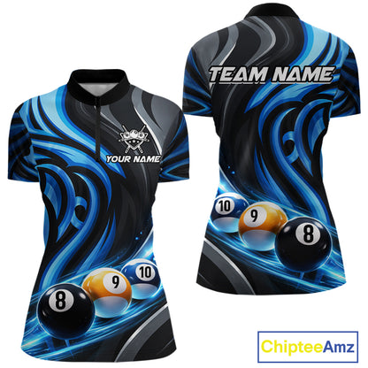 Black And Blue Tribal Light 8 Ball Pool Women Polo & 1/4-Zip Shirt Custom Billiards Ball Jerseys NYN2430