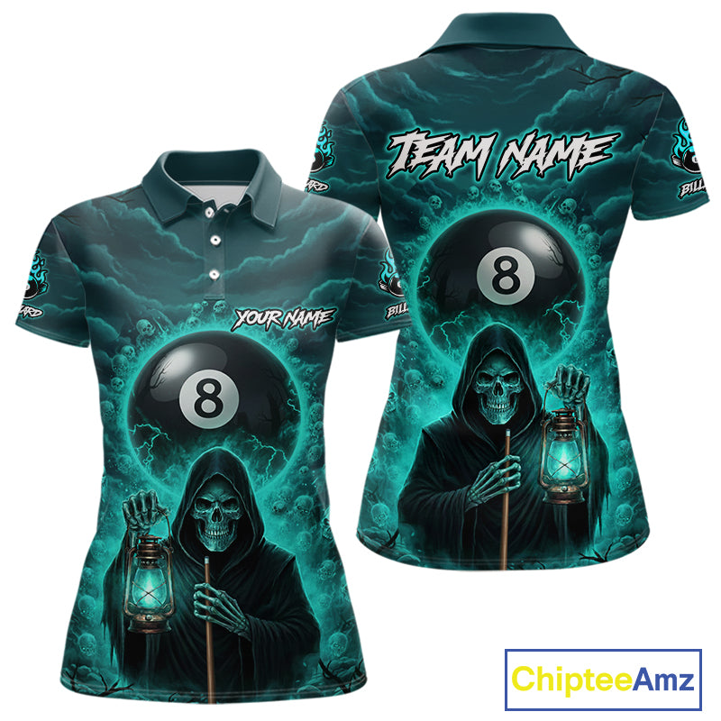 Teal Thunder Grim Reaper 8 Ball Pool Women Polo & 1/4-Zip Shirt Custom Billiard Ball & Cue Gifts NYN2436