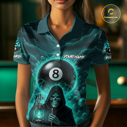 Teal Thunder Grim Reaper 8 Ball Pool Women Polo & 1/4-Zip Shirt Custom Billiard Ball & Cue Gifts NYN2436