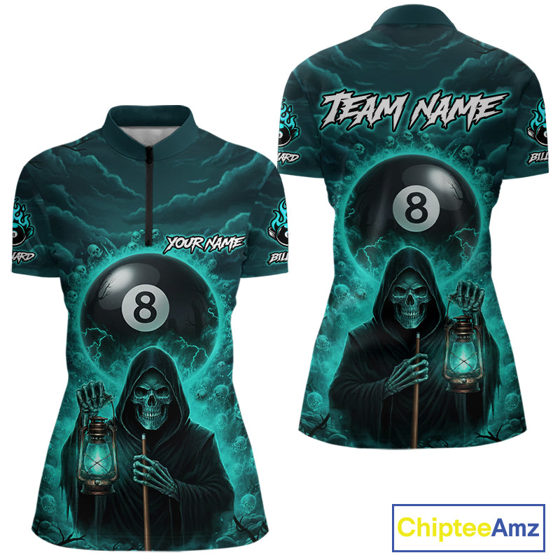 Teal Thunder Grim Reaper 8 Ball Pool Women Polo & 1/4-Zip Shirt Custom Billiard Ball & Cue Gifts NYN2436