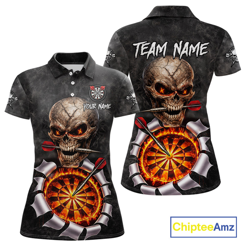 Custom Smoke Grunge Skull Torn Fire Flame Darts Polo & Quarter-Zip Shirts For Women Dart Team Jerseys NYN2822