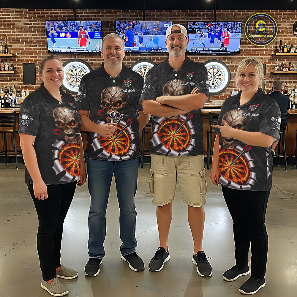 Custom Smoke Grunge Skull Torn Fire Flame Darts Polo & Quarter-Zip Shirts For Men Dart Team Jerseys NYN2822