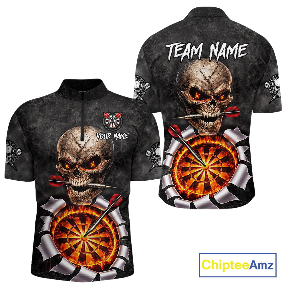 Custom Smoke Grunge Skull Torn Fire Flame Darts Polo & Quarter-Zip Shirts For Men Dart Team Jerseys NYN2822