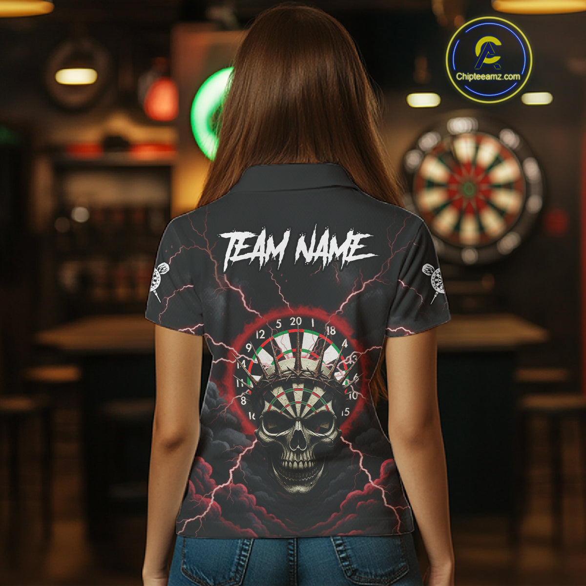 Custom Lightning Red Smokes Skull Dartboard Women Darts Polo Shirt Skull Dart Jerseys NYN1916