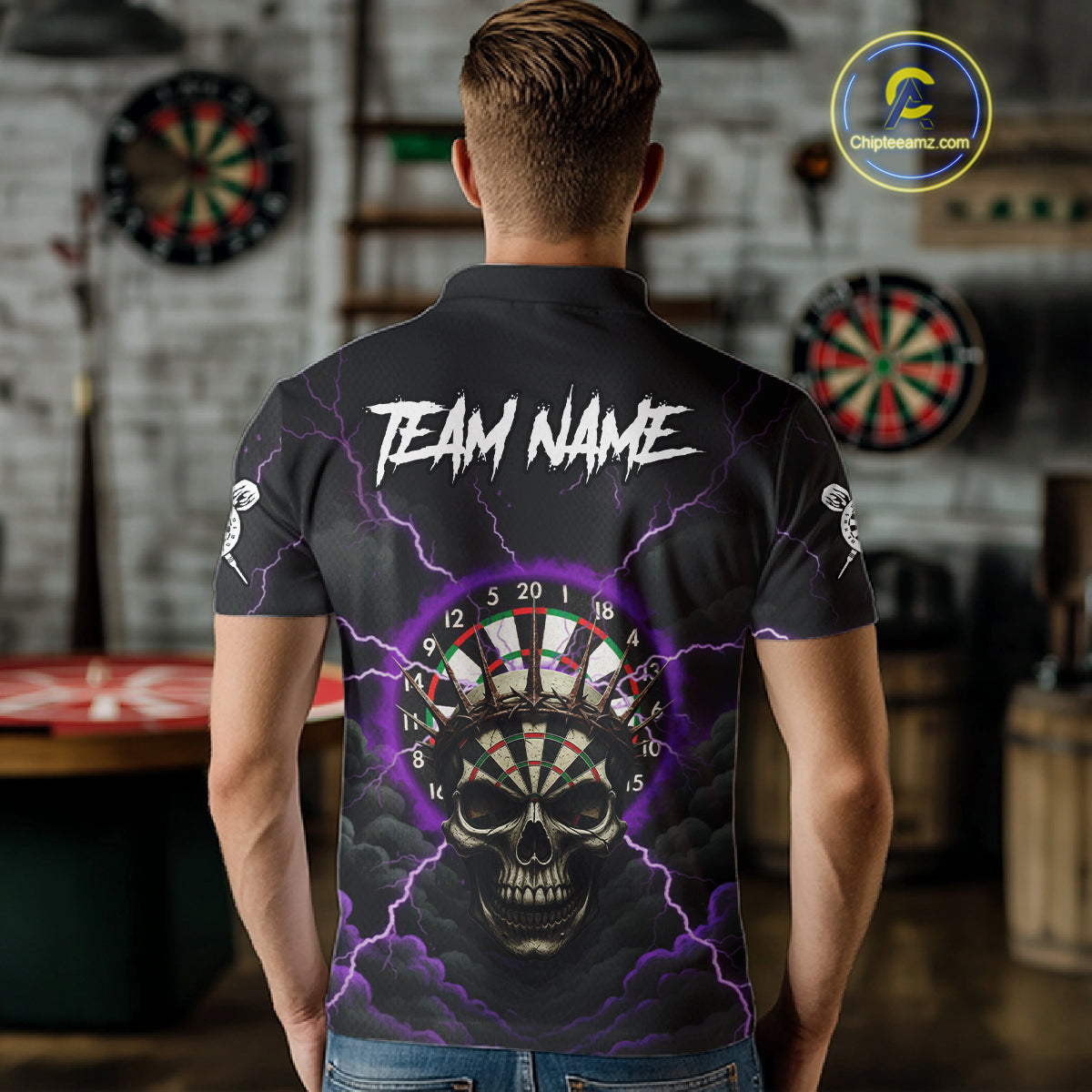 Custom Lightning Purple Smokes Skull Dartboard Men Darts Polo Shirt Skull Dart Jerseys NYN1918