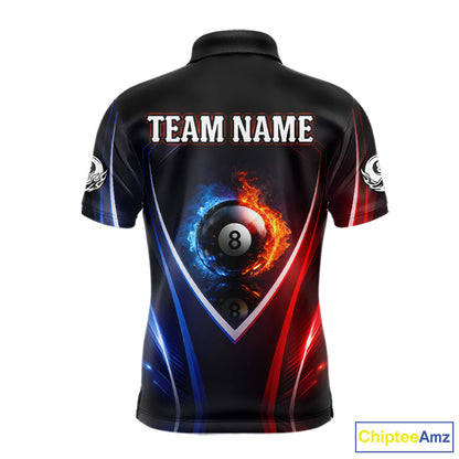 Blue And Red Flames 8 Ball Pool Men Polo & 1/4-Zip Team Shirts Custom Billiards Ball Apparel NYN2457