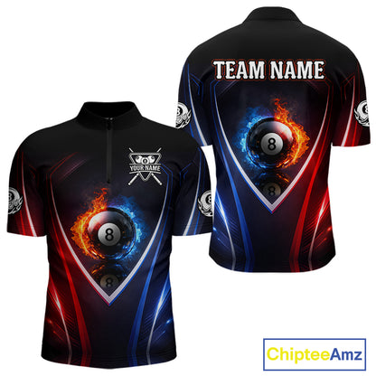 Blue And Red Flames 8 Ball Pool Men Polo & 1/4-Zip Team Shirts Custom Billiards Ball Apparel NYN2457
