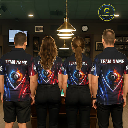 Blue And Red Flames 8 Ball Pool Men Polo & 1/4-Zip Team Shirts Custom Billiards Ball Apparel NYN2457