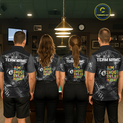 Aim Shoot Swear Repeat Ball Pool Men Polo & 1/4-Zip Team Shirt Custom 8 Ball Billiards Apparel NYN2466