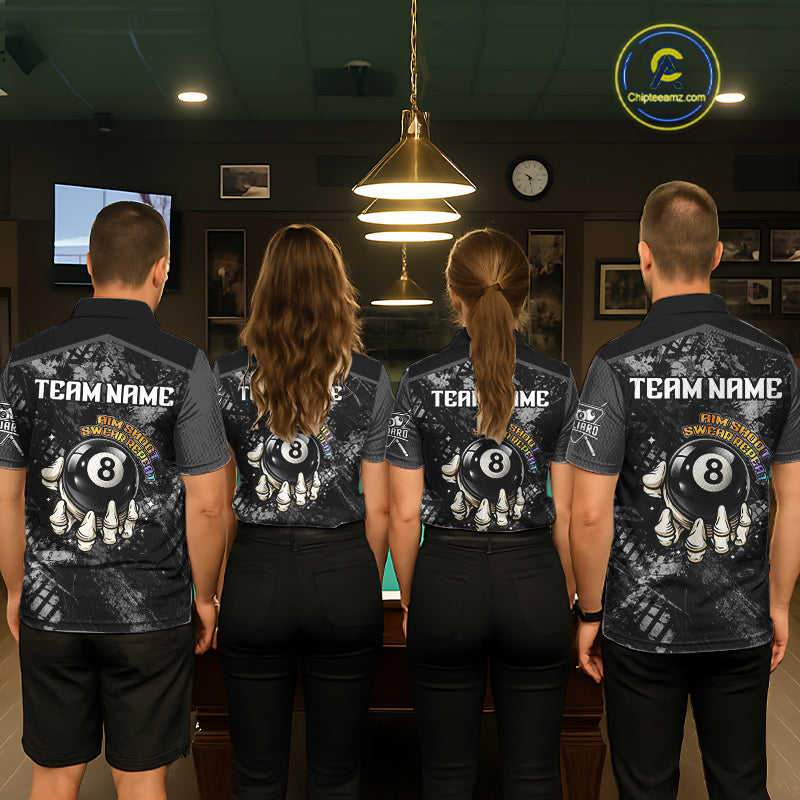 Aim Shoot Swear Repeat Holding 8 Ball Pool Men Billiard Team Shirt Custom Ball Billiards Apparel NYN2467