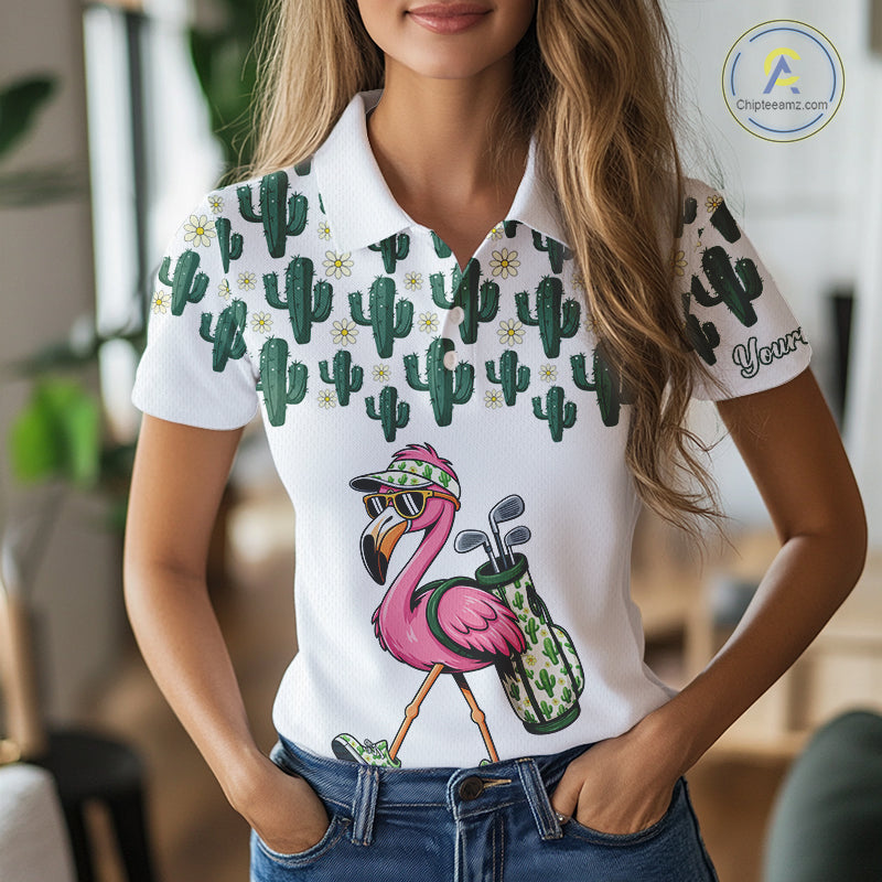 Personalized Green Cactus Flower Pattern Womens Golf Polo Shirts Custom Funny Flaming Golf Shirt NYN2837
