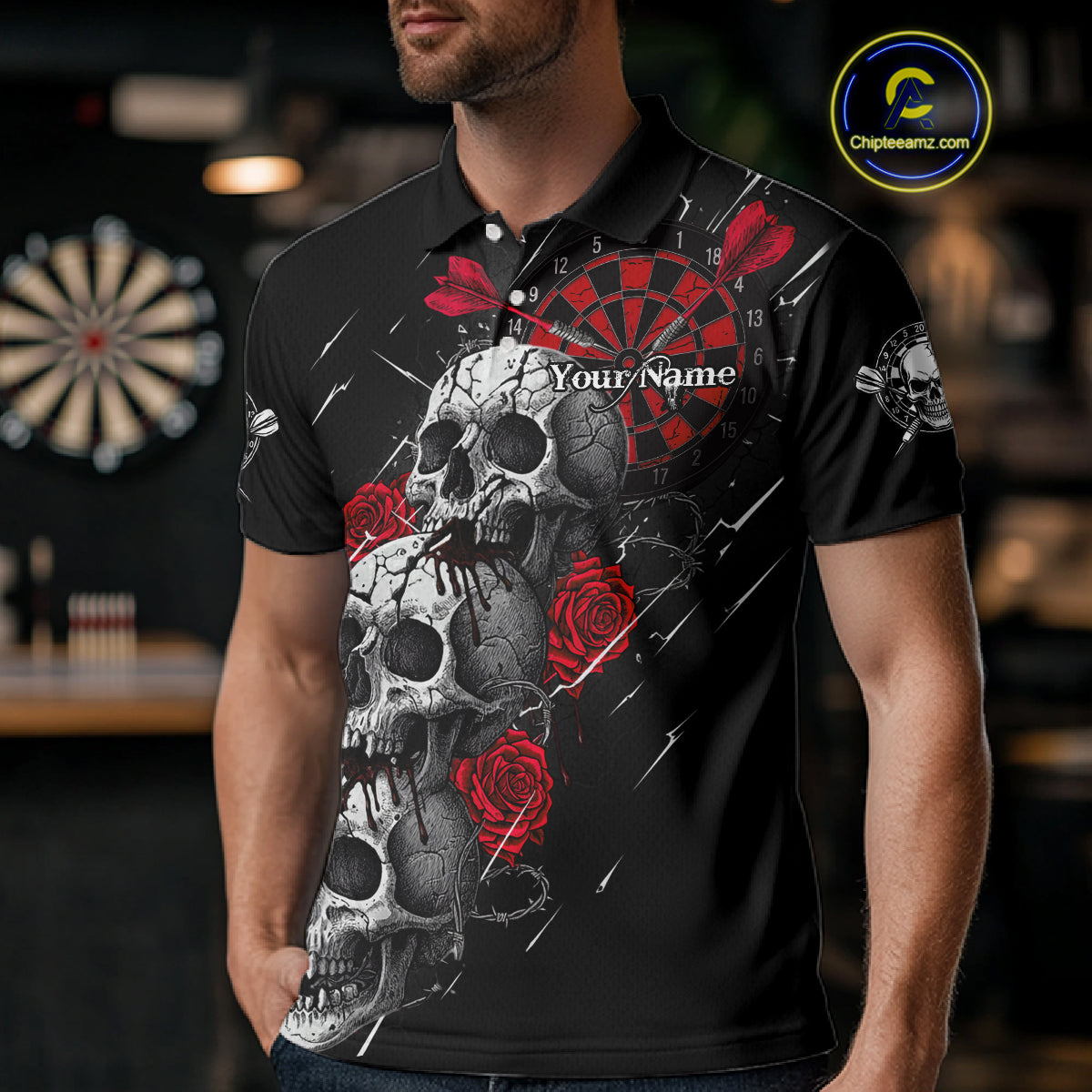 Custom Red Roses Blood Dripping Skull Dartboard Men Darts Polo Shirt  Dart Jerseys NYN1927