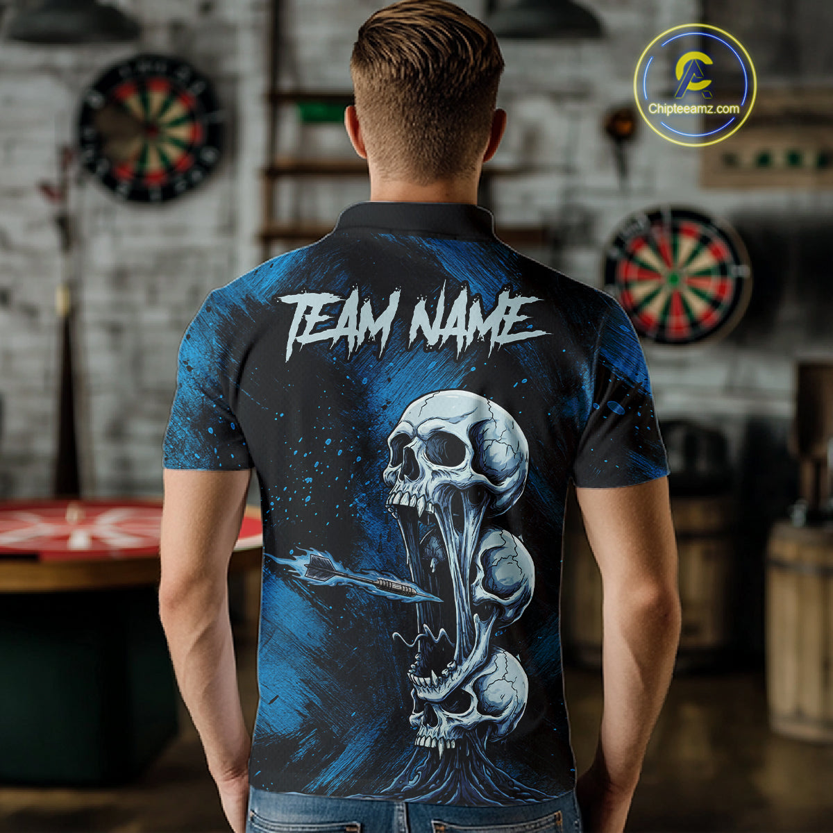 Custom Blue Grunge Creepy Skull Flame Dart Arrow Men Darts Polo Shirt Dart Jerseys NYN1938
