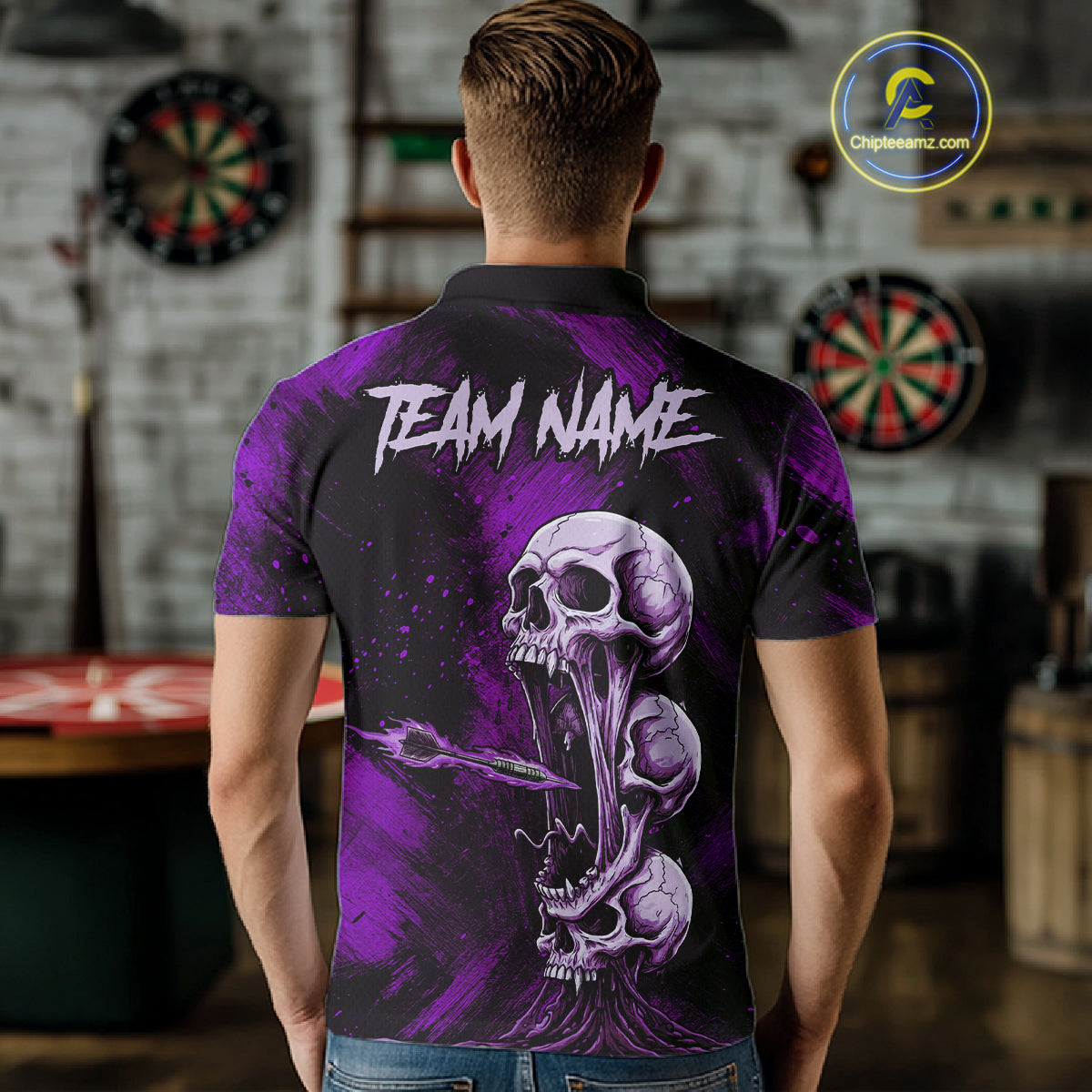 Custom Purple Grunge Creepy Skull Flame Dart Arrow Men Darts Polo Shirt Dart Jerseys NYN1940