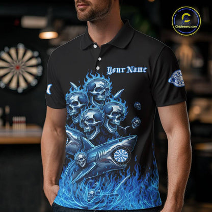 Custom Blue Flames Shark And Skull 3D Men Darts Polo League Shirts Funny Dart Jerseys NYN2203