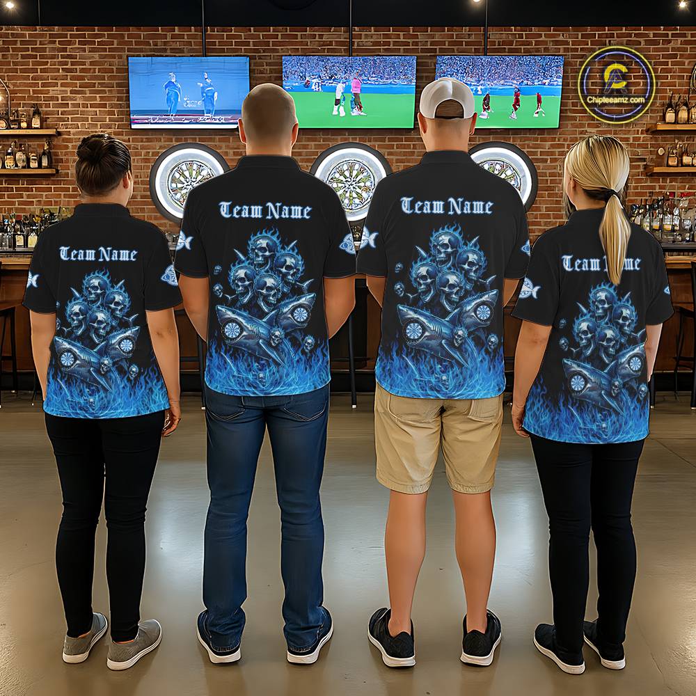 Custom Blue Flames Shark And Skull 3D Women Darts Polo League Shirts Funny Dart Jerseys NYN2203
