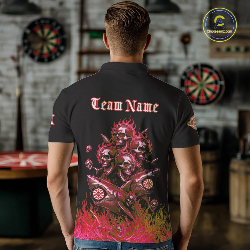 Custom Red Flames Shark And Skull 3D Men Darts Polo League Shirts Funny Dart Jerseys NYN2204