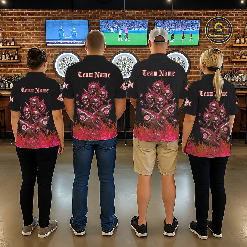 Custom Red Flames Shark And Skull 3D Men Darts Quarter-Zip League Shirts Funny Dart Jerseys NYN2204