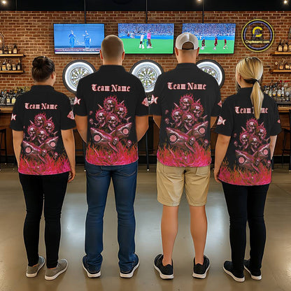 Custom Red Flames Shark And Skull 3D Men Darts Quarter-Zip League Shirts Funny Dart Jerseys NYN2204