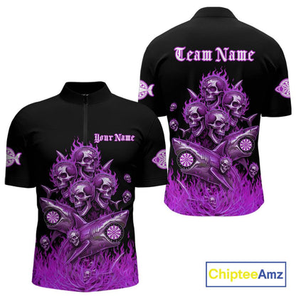Custom Purple Flames Shark And Skull 3D Men Darts Quarter-Zip League Shirts Funny Dart Jerseys NYN2205