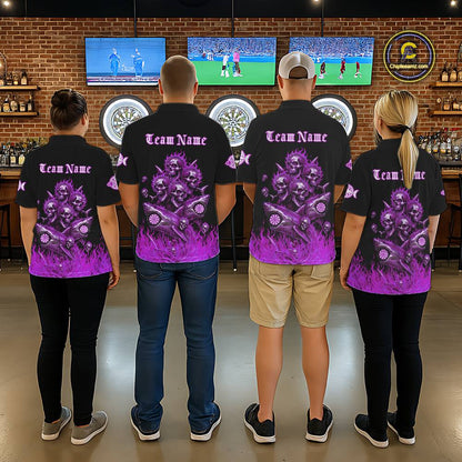 Custom Purple Flames Shark And Skull 3D Men Darts Polo League Shirts Funny Dart Jerseys NYN2205