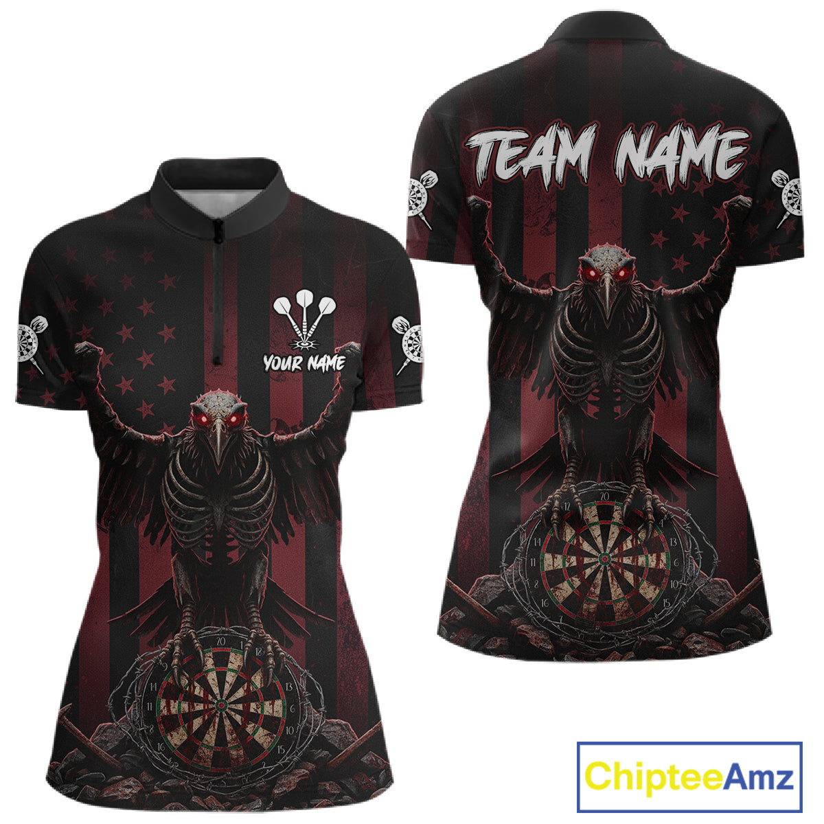 Red Gothic Eagle Skull Dartboard Custom Women Darts Quarter-Zip Shirt Grunge US Flag Dart Jerseys NYN1943